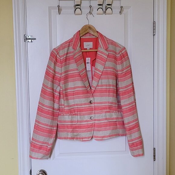 Loft Ann Taylor blazer pink and beige linen blend stripe preppy office NWT new - Picture 5 of 16